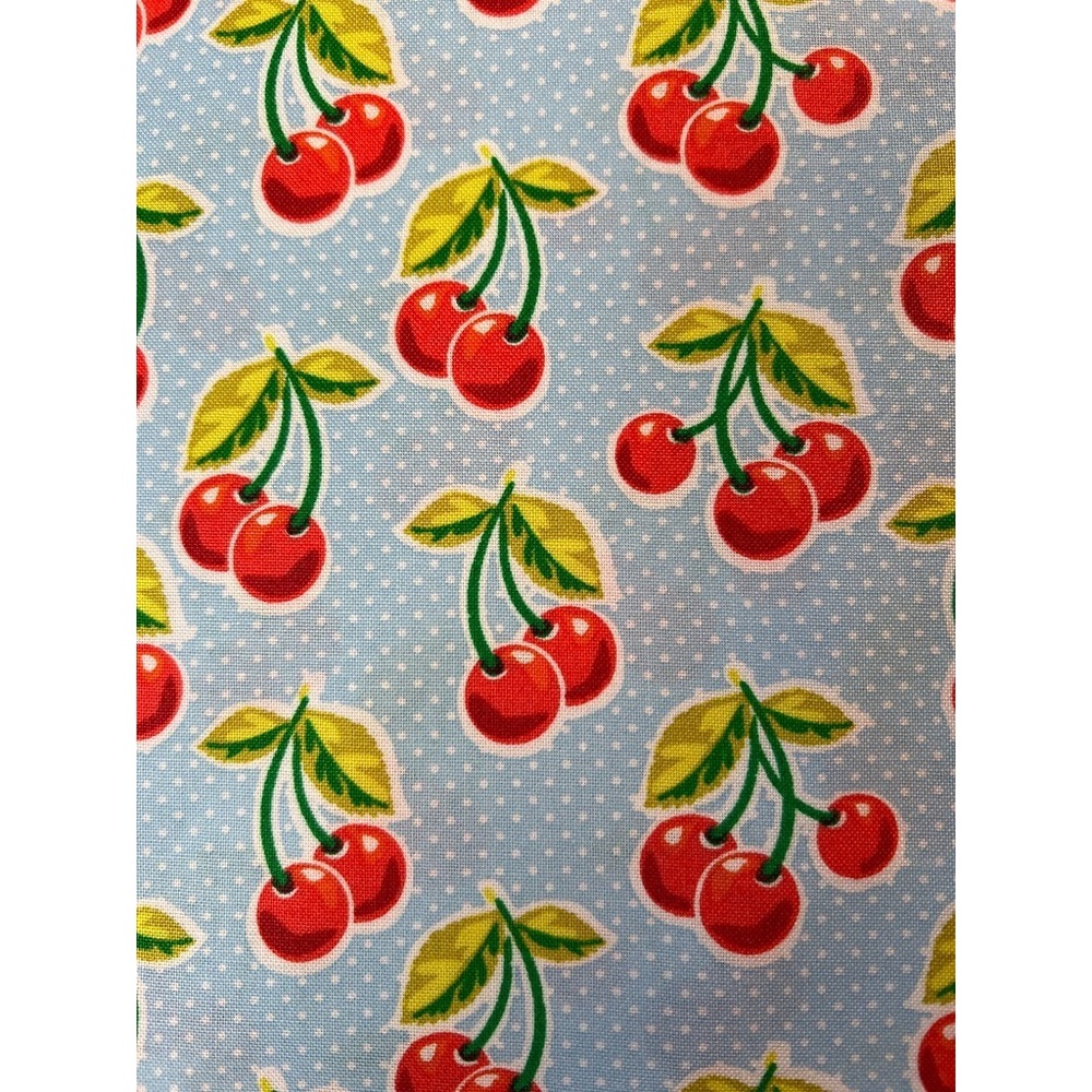 Fabric OOP Waverly Inspirations Retro Cherries Polka Dot Blue Cotton BTY X 44" W